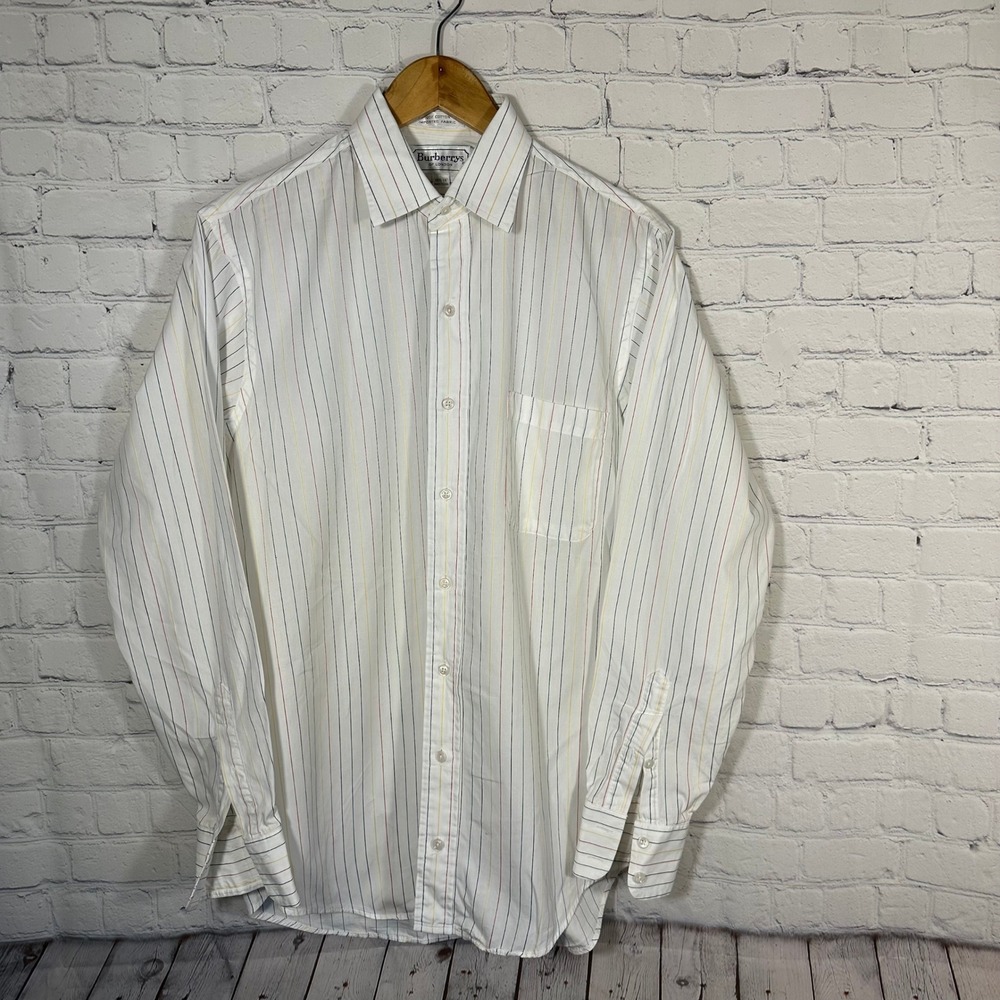 Vintage Burberrys of London Mens Striped Button Shirt White 15.5 34 USA READ